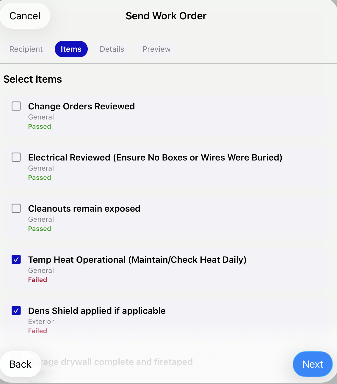 Work order Recipient and Items steps