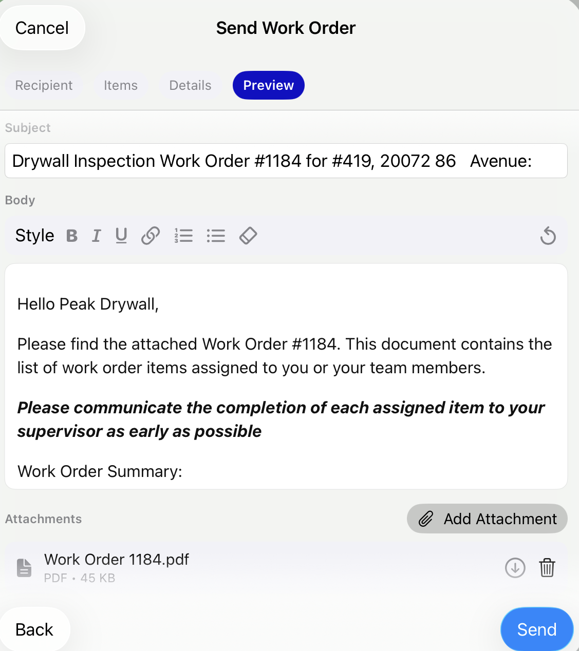 Work order preview before sending