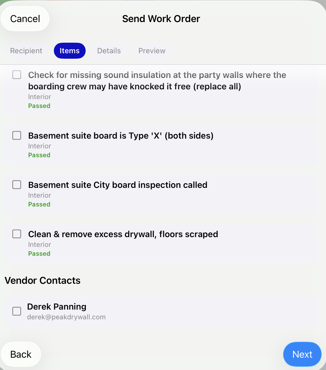 Work order Recipient and Items steps