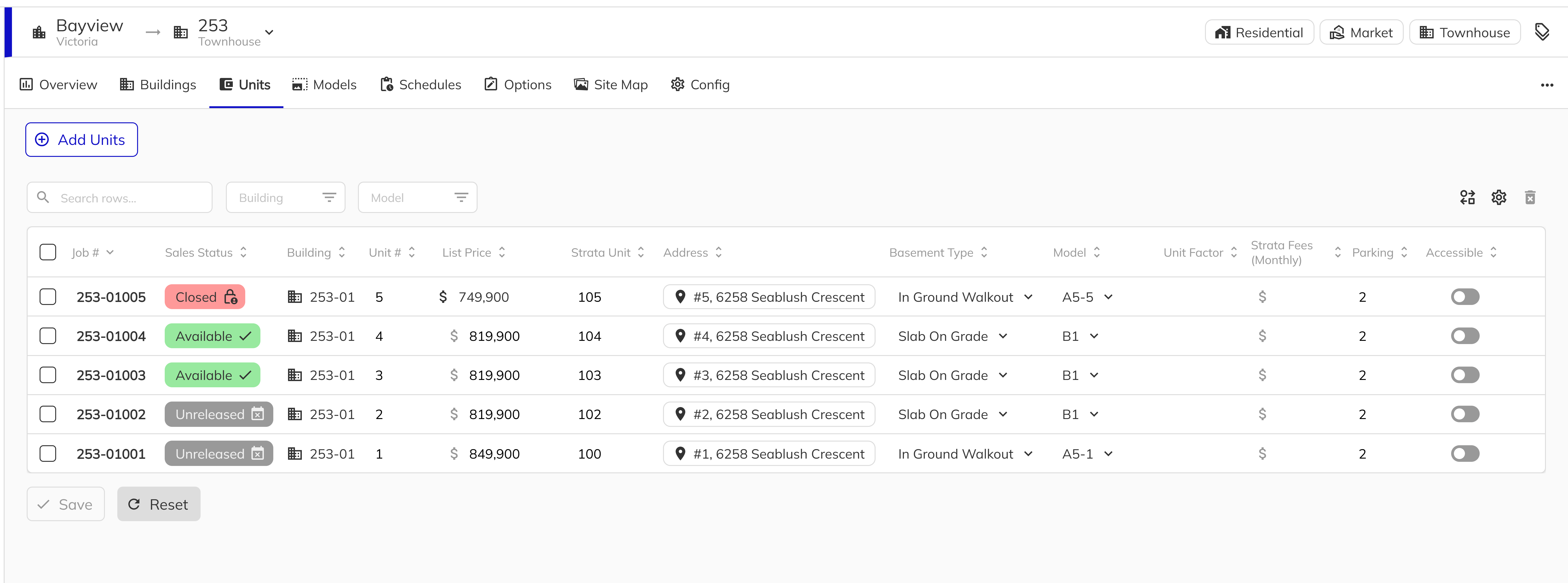 Workbench units grid with the Base List Price column visible
